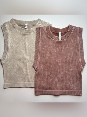 Zenana Set of 2 Stone Washed Ribbed Seamless Crop Tanks L/XL New